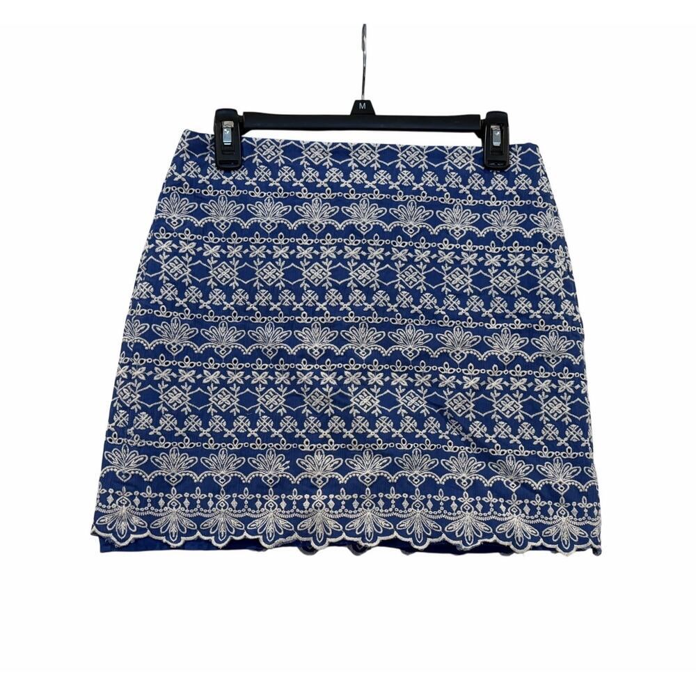 Loft Blue & White Embroidered Eyelet Scalloped Hem Skirt Women’s 6 Spring Boho